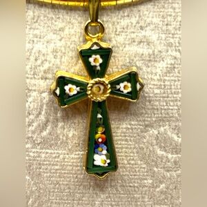 Vintage Green Micro Mini Mosaics Floral Flower Cross Pendant Necklace Italy